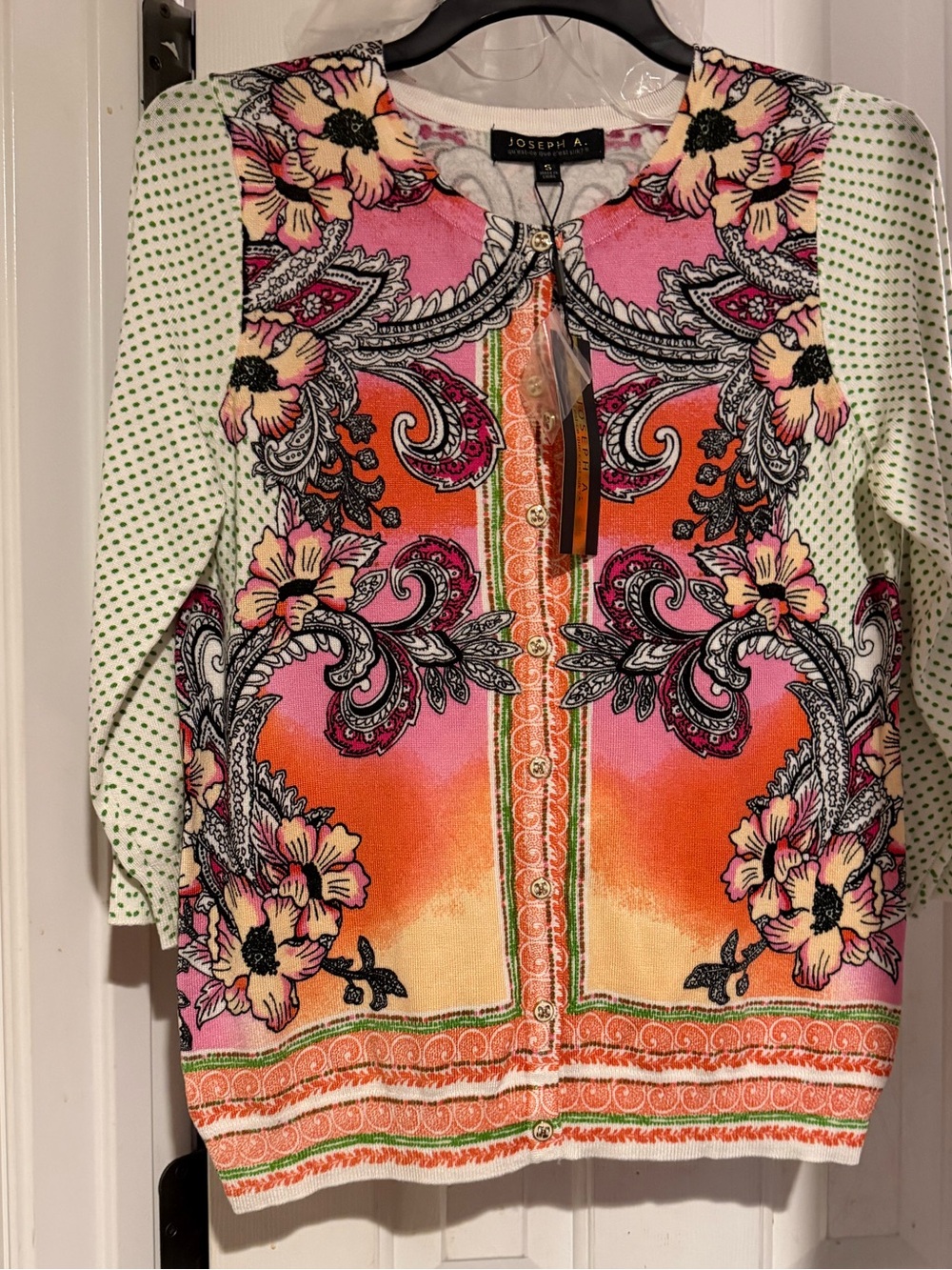 Joseph A Pink Orange Floral Zip Cardigan with Green Dot Sleeves